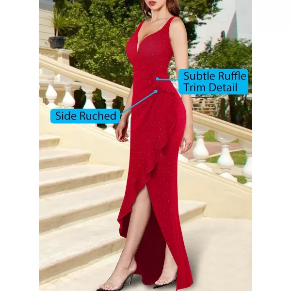 VFSHOW Womens Backless Ruched Ruffle Deep V Neck Formal Prom Wedding Maxi Dress 2023 Spaghetti Strap Sexy Split Evening GownSparkly Red