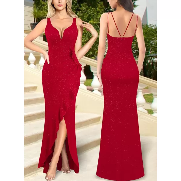 VFSHOW Womens Backless Ruched Ruffle Deep V Neck Formal Prom Wedding Maxi Dress 2023 Spaghetti Strap Sexy Split Evening GownSparkly Red