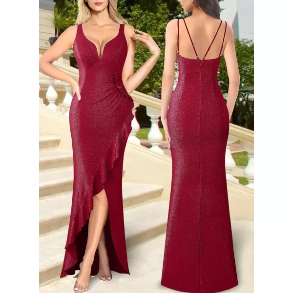 VFSHOW Womens Backless Ruched Ruffle Deep V Neck Formal Prom Wedding Maxi Dress 2023 Spaghetti Strap Sexy Split Evening GownSparkly Red2