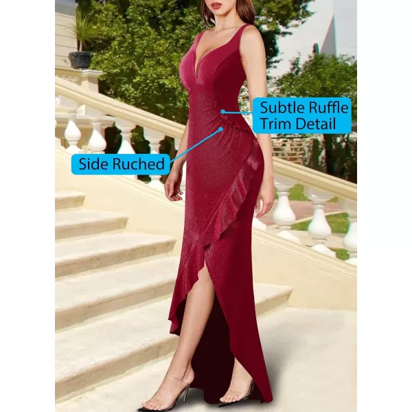 VFSHOW Womens Backless Ruched Ruffle Deep V Neck Formal Prom Wedding Maxi Dress 2023 Spaghetti Strap Sexy Split Evening GownSparkly Red2