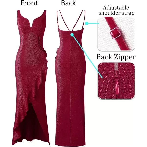 VFSHOW Womens Backless Ruched Ruffle Deep V Neck Formal Prom Wedding Maxi Dress 2023 Spaghetti Strap Sexy Split Evening GownSparkly Red2