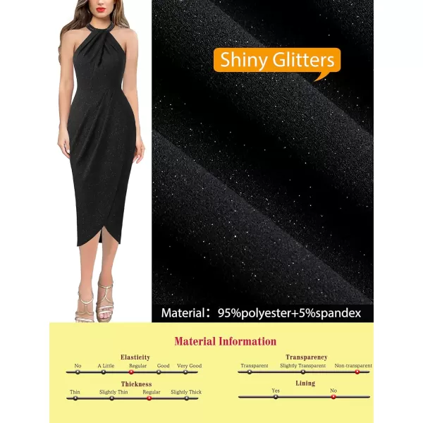 VFSHOW Womens Beaded Halter Neck Twist Front Ruched Wrap Slit Glitter Cocktail Party Night Out Bodycon Midi DressShiny Black