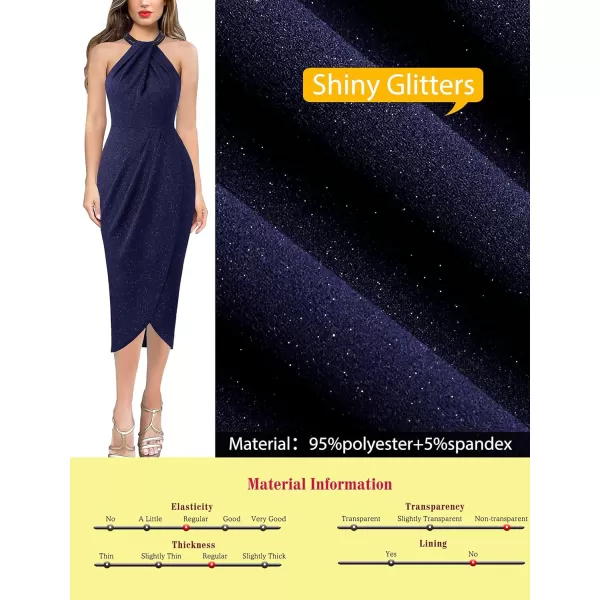 VFSHOW Womens Beaded Halter Neck Twist Front Ruched Wrap Slit Glitter Cocktail Party Night Out Bodycon Midi DressShiny Blue