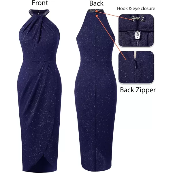 VFSHOW Womens Beaded Halter Neck Twist Front Ruched Wrap Slit Glitter Cocktail Party Night Out Bodycon Midi DressShiny Blue