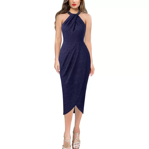 VFSHOW Womens Beaded Halter Neck Twist Front Ruched Wrap Slit Glitter Cocktail Party Night Out Bodycon Midi DressShiny Blue