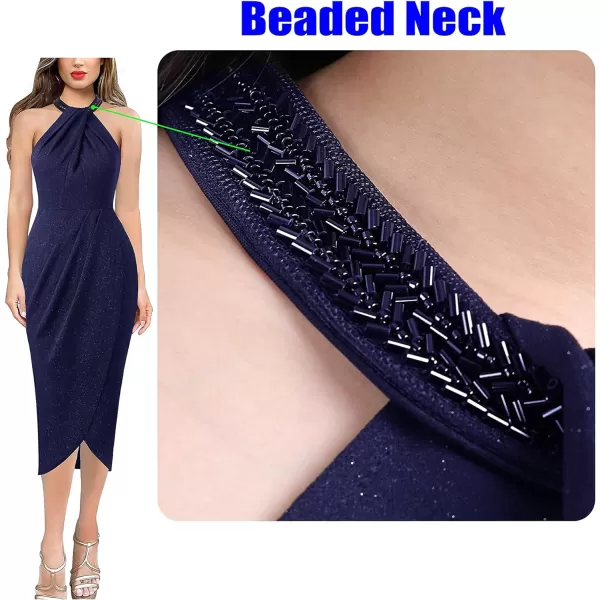 VFSHOW Womens Beaded Halter Neck Twist Front Ruched Wrap Slit Glitter Cocktail Party Night Out Bodycon Midi DressShiny Blue