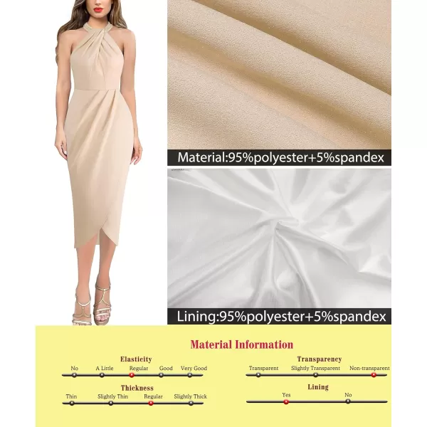 VFSHOW Womens Beaded Halter Neck Twist Front Ruched Wrap Slit Glitter Cocktail Party Night Out Bodycon Midi DressSparkly Beige