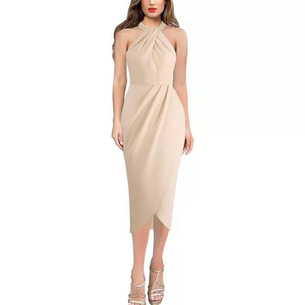 VFSHOW Womens Beaded Halter Neck Twist Front Ruched Wrap Slit Glitter Cocktail Party Night Out Bodycon Midi DressSparkly Beige