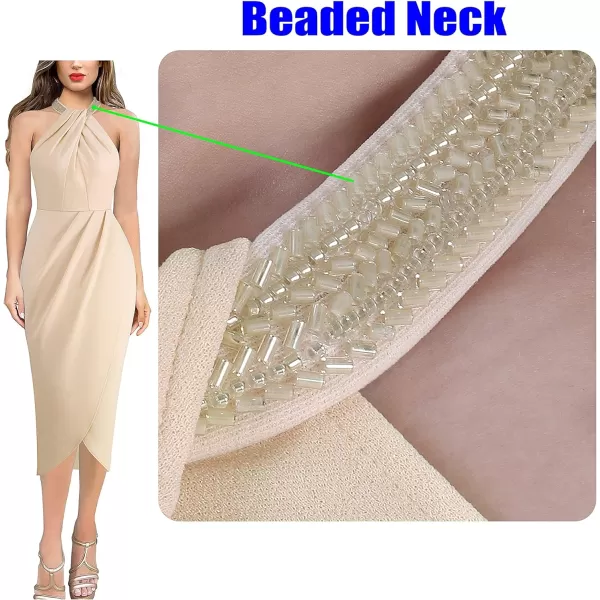 VFSHOW Womens Beaded Halter Neck Twist Front Ruched Wrap Slit Glitter Cocktail Party Night Out Bodycon Midi DressSparkly Beige