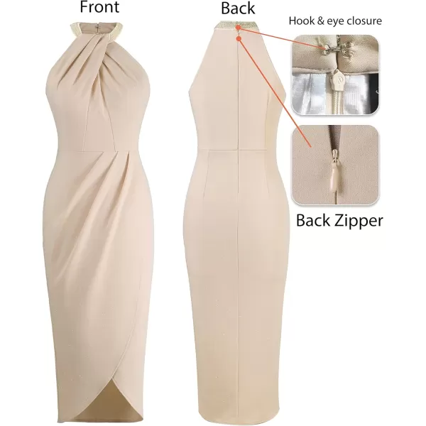 VFSHOW Womens Beaded Halter Neck Twist Front Ruched Wrap Slit Glitter Cocktail Party Night Out Bodycon Midi DressSparkly Beige