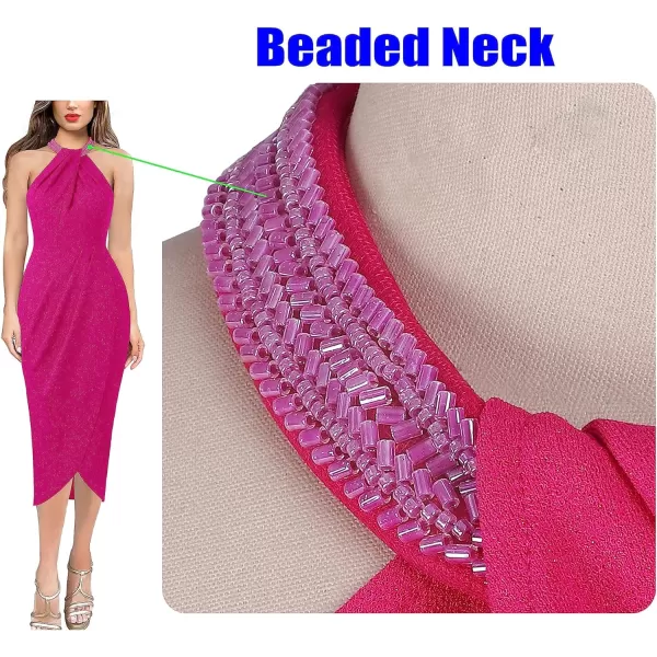 VFSHOW Womens Beaded Halter Neck Twist Front Ruched Wrap Slit Glitter Cocktail Party Night Out Bodycon Midi DressSparkly Hot Pink