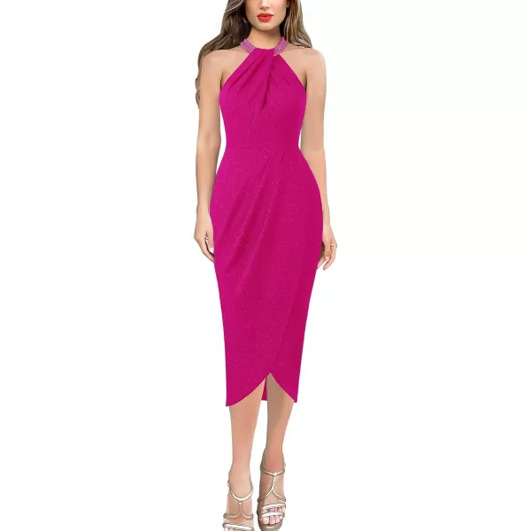 VFSHOW Womens Beaded Halter Neck Twist Front Ruched Wrap Slit Glitter Cocktail Party Night Out Bodycon Midi DressSparkly Hot Pink