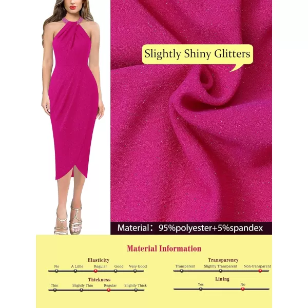 VFSHOW Womens Beaded Halter Neck Twist Front Ruched Wrap Slit Glitter Cocktail Party Night Out Bodycon Midi DressSparkly Hot Pink