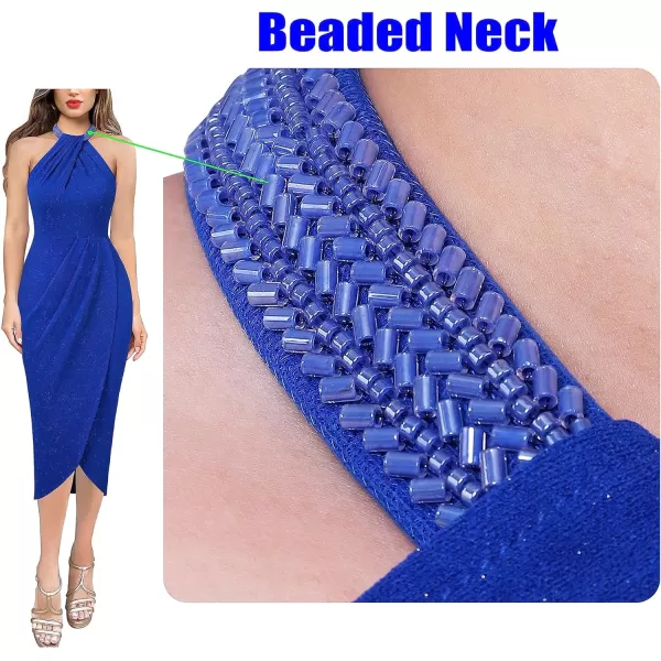 VFSHOW Womens Beaded Halter Neck Twist Front Ruched Wrap Slit Glitter Cocktail Party Night Out Bodycon Midi DressSparkly Royal Blue