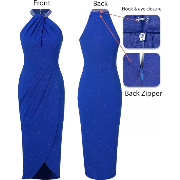 VFSHOW Womens Beaded Halter Neck Twist Front Ruched Wrap Slit Glitter Cocktail Party Night Out Bodycon Midi DressSparkly Royal Blue