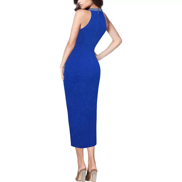 VFSHOW Womens Beaded Halter Neck Twist Front Ruched Wrap Slit Glitter Cocktail Party Night Out Bodycon Midi DressSparkly Royal Blue