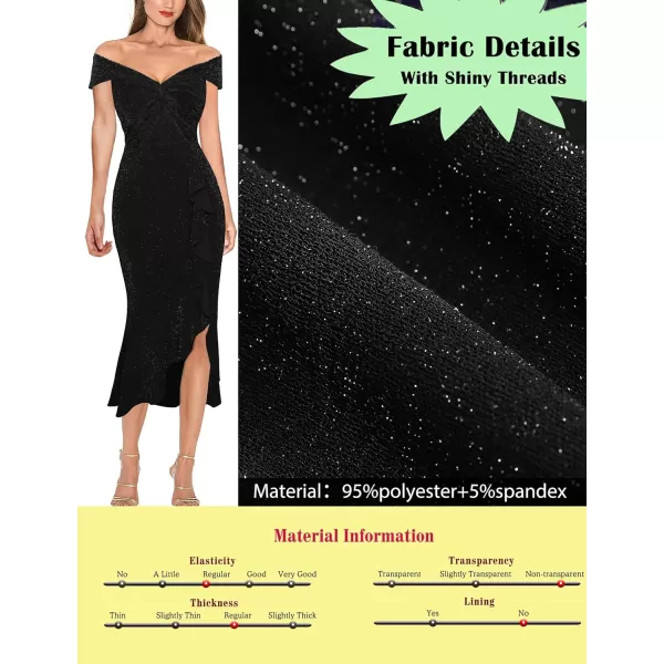 VFSHOW Womens Beaded Off Shoulder V Neck Front Knot Ruffle Slit Cocktail Bridesmaid Midi DressShiny Black