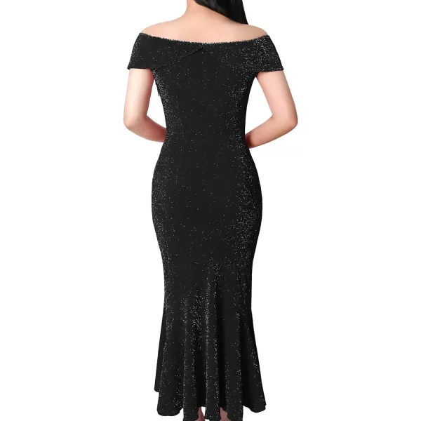 VFSHOW Womens Beaded Off Shoulder V Neck Front Knot Ruffle Slit Cocktail Bridesmaid Midi DressShiny Black