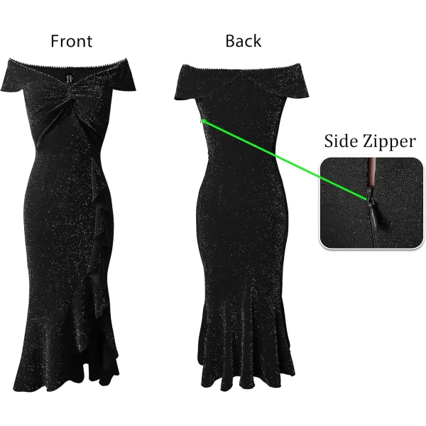 VFSHOW Womens Beaded Off Shoulder V Neck Front Knot Ruffle Slit Cocktail Bridesmaid Midi DressShiny Black