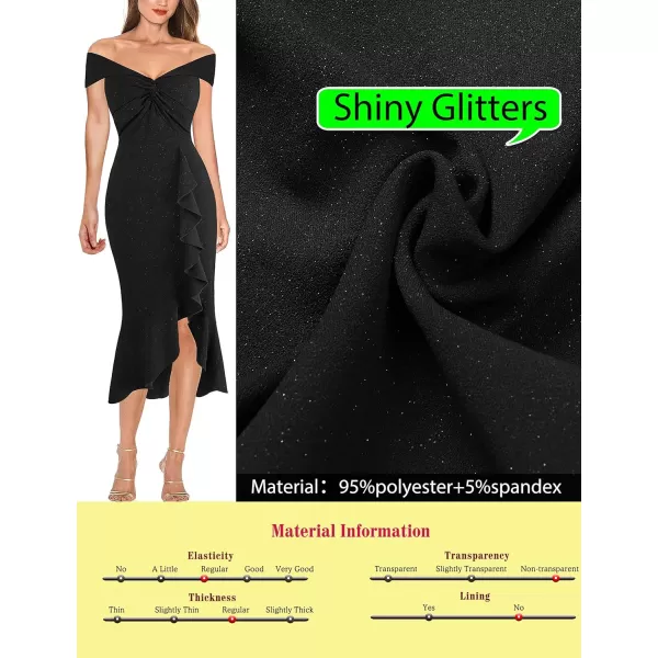 VFSHOW Womens Beaded Off Shoulder V Neck Front Knot Ruffle Slit Cocktail Bridesmaid Midi DressShiny Black2