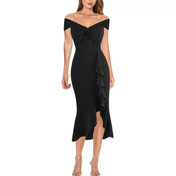 VFSHOW Womens Beaded Off Shoulder V Neck Front Knot Ruffle Slit Cocktail Bridesmaid Midi DressShiny Black2