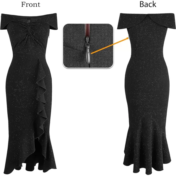 VFSHOW Womens Beaded Off Shoulder V Neck Front Knot Ruffle Slit Cocktail Bridesmaid Midi DressShiny Black2