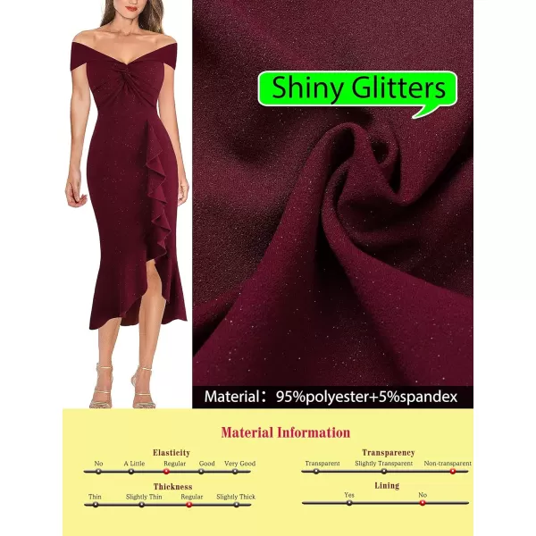 VFSHOW Womens Beaded Off Shoulder V Neck Front Knot Ruffle Slit Cocktail Bridesmaid Midi DressShiny Burgundy