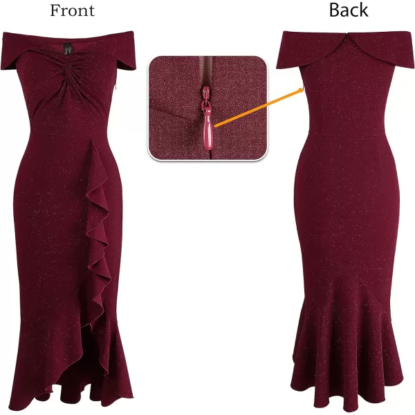 VFSHOW Womens Beaded Off Shoulder V Neck Front Knot Ruffle Slit Cocktail Bridesmaid Midi DressShiny Burgundy