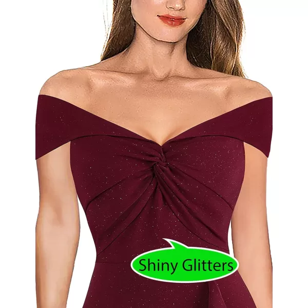 VFSHOW Womens Beaded Off Shoulder V Neck Front Knot Ruffle Slit Cocktail Bridesmaid Midi DressShiny Burgundy