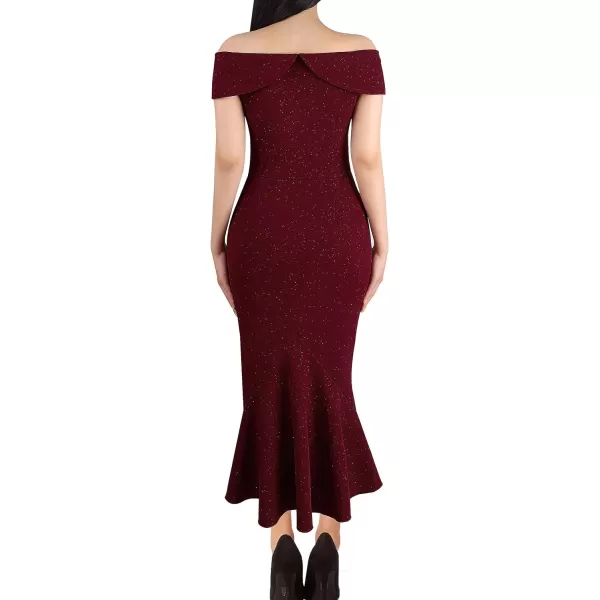 VFSHOW Womens Beaded Off Shoulder V Neck Front Knot Ruffle Slit Cocktail Bridesmaid Midi DressShiny Burgundy