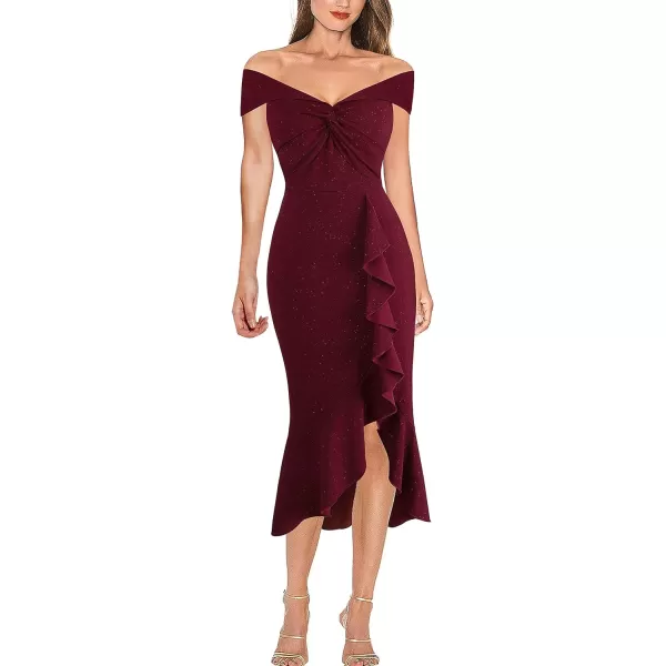 VFSHOW Womens Beaded Off Shoulder V Neck Front Knot Ruffle Slit Cocktail Bridesmaid Midi DressShiny Burgundy