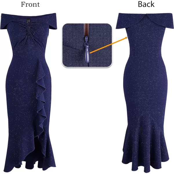 VFSHOW Womens Beaded Off Shoulder V Neck Front Knot Ruffle Slit Cocktail Bridesmaid Midi DressShiny Dark Blue2