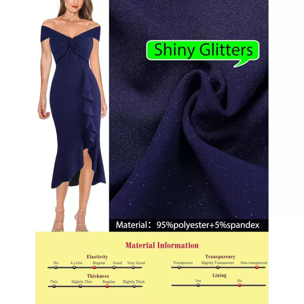 VFSHOW Womens Beaded Off Shoulder V Neck Front Knot Ruffle Slit Cocktail Bridesmaid Midi DressShiny Dark Blue2