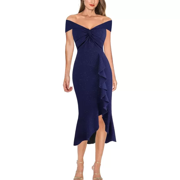 VFSHOW Womens Beaded Off Shoulder V Neck Front Knot Ruffle Slit Cocktail Bridesmaid Midi DressShiny Dark Blue2