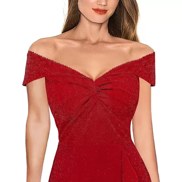 VFSHOW Womens Beaded Off Shoulder V Neck Front Knot Ruffle Slit Cocktail Bridesmaid Midi DressShiny Red