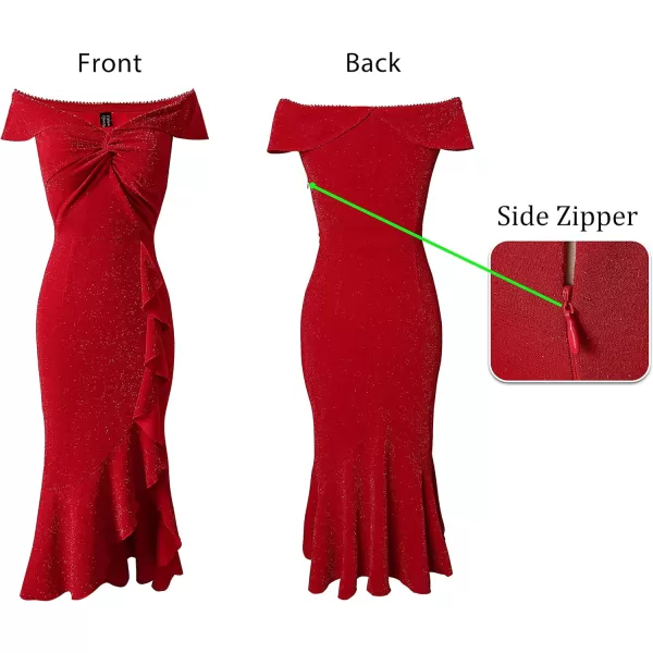 VFSHOW Womens Beaded Off Shoulder V Neck Front Knot Ruffle Slit Cocktail Bridesmaid Midi DressShiny Red