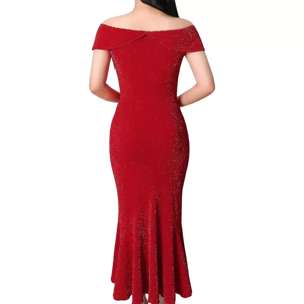 VFSHOW Womens Beaded Off Shoulder V Neck Front Knot Ruffle Slit Cocktail Bridesmaid Midi DressShiny Red