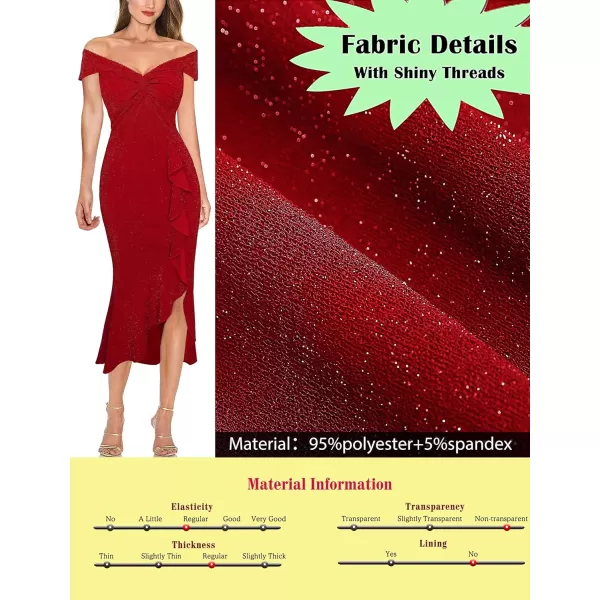 VFSHOW Womens Beaded Off Shoulder V Neck Front Knot Ruffle Slit Cocktail Bridesmaid Midi DressShiny Red