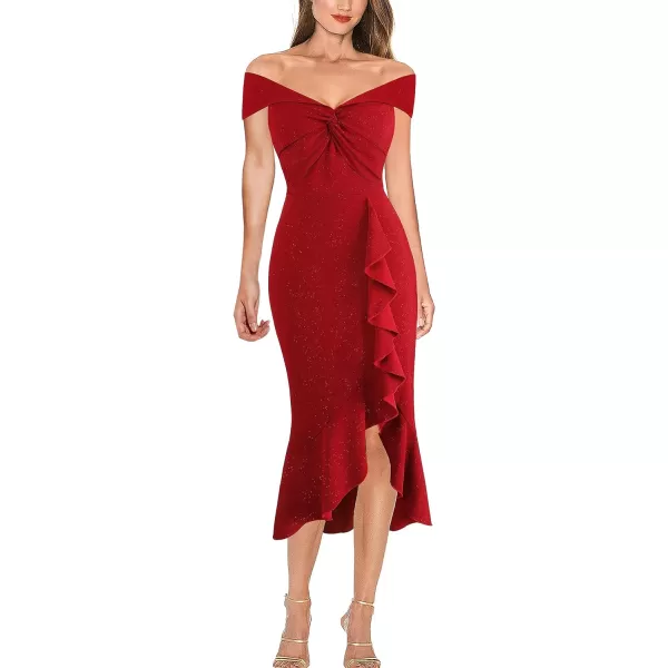 VFSHOW Womens Beaded Off Shoulder V Neck Front Knot Ruffle Slit Cocktail Bridesmaid Midi DressShiny Red2