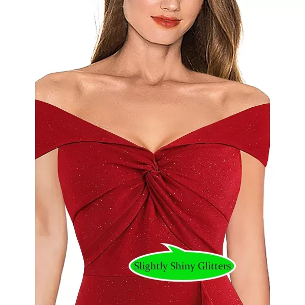 VFSHOW Womens Beaded Off Shoulder V Neck Front Knot Ruffle Slit Cocktail Bridesmaid Midi DressShiny Red2