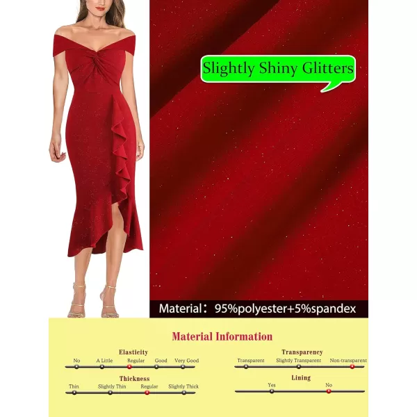 VFSHOW Womens Beaded Off Shoulder V Neck Front Knot Ruffle Slit Cocktail Bridesmaid Midi DressShiny Red2