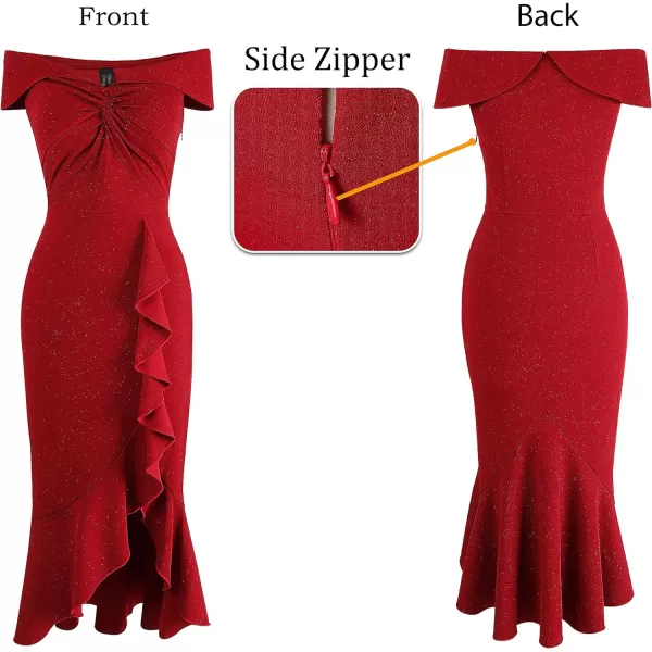 VFSHOW Womens Beaded Off Shoulder V Neck Front Knot Ruffle Slit Cocktail Bridesmaid Midi DressShiny Red2