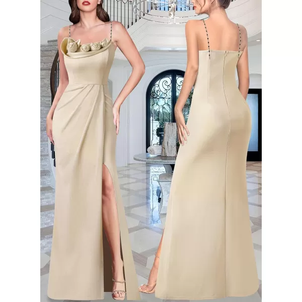 VFSHOW Womens Beaded Spaghetti Strap Ruched High Split Formal Prom Maxi Dress 2023 Sexy 3D Floral Wedding Guest Evening GownSparkly Beige