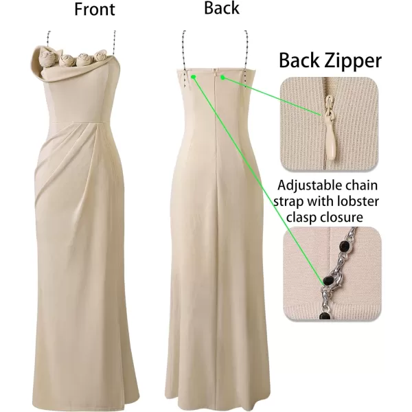 VFSHOW Womens Beaded Spaghetti Strap Ruched High Split Formal Prom Maxi Dress 2023 Sexy 3D Floral Wedding Guest Evening GownSparkly Beige