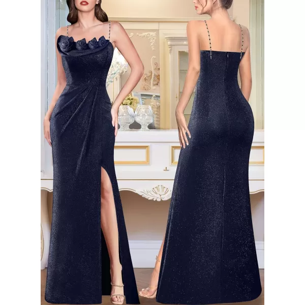 VFSHOW Womens Beaded Spaghetti Strap Ruched High Split Formal Prom Maxi Dress 2023 Sexy 3D Floral Wedding Guest Evening GownSparkly Navy Blue