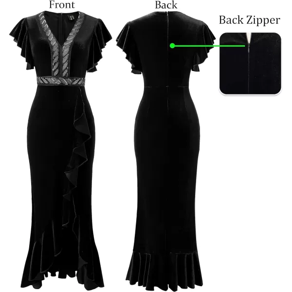 VFSHOW Womens Beaded V Neck Ruffle Sleeve Formal Prom High Split Maxi Dress 2023 Wedding Guest Bridesmaid Evening Long GownBlack Velvet