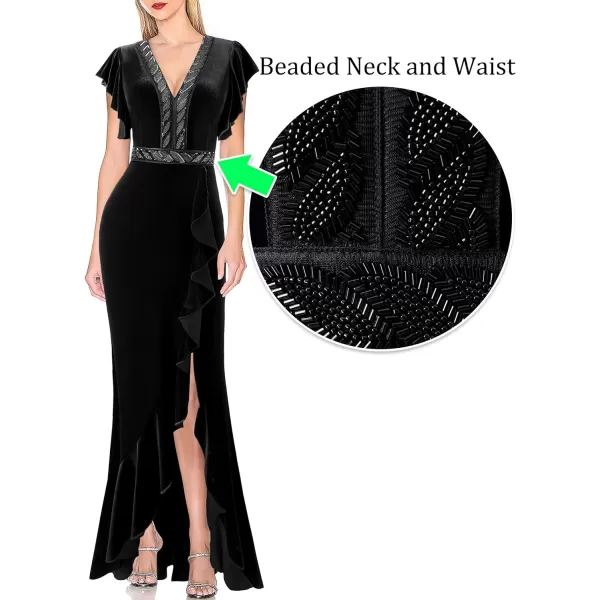 VFSHOW Womens Beaded V Neck Ruffle Sleeve Formal Prom High Split Maxi Dress 2023 Wedding Guest Bridesmaid Evening Long GownBlack Velvet