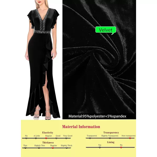 VFSHOW Womens Beaded V Neck Ruffle Sleeve Formal Prom High Split Maxi Dress 2023 Wedding Guest Bridesmaid Evening Long GownBlack Velvet