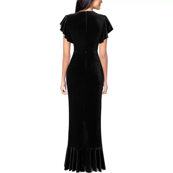 VFSHOW Womens Beaded V Neck Ruffle Sleeve Formal Prom High Split Maxi Dress 2023 Wedding Guest Bridesmaid Evening Long GownBlack Velvet