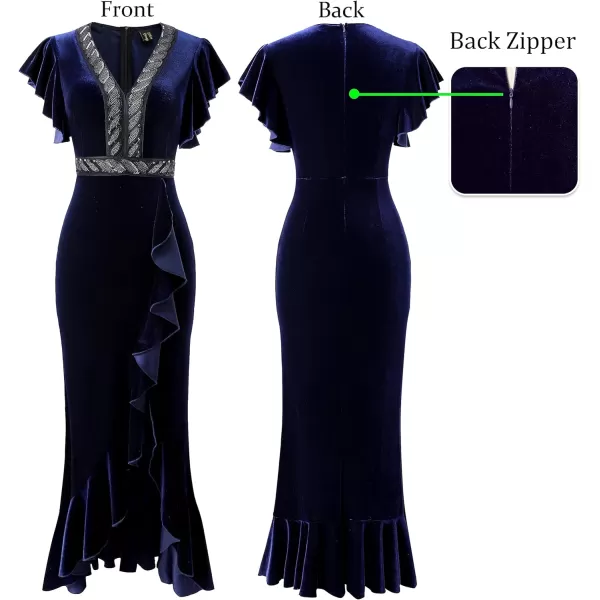 VFSHOW Womens Beaded V Neck Ruffle Sleeve Formal Prom High Split Maxi Dress 2023 Wedding Guest Bridesmaid Evening Long GownBlue Velvet